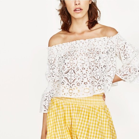 Zara Tops - Zara White Lace Off the Shoulder Crop Top
